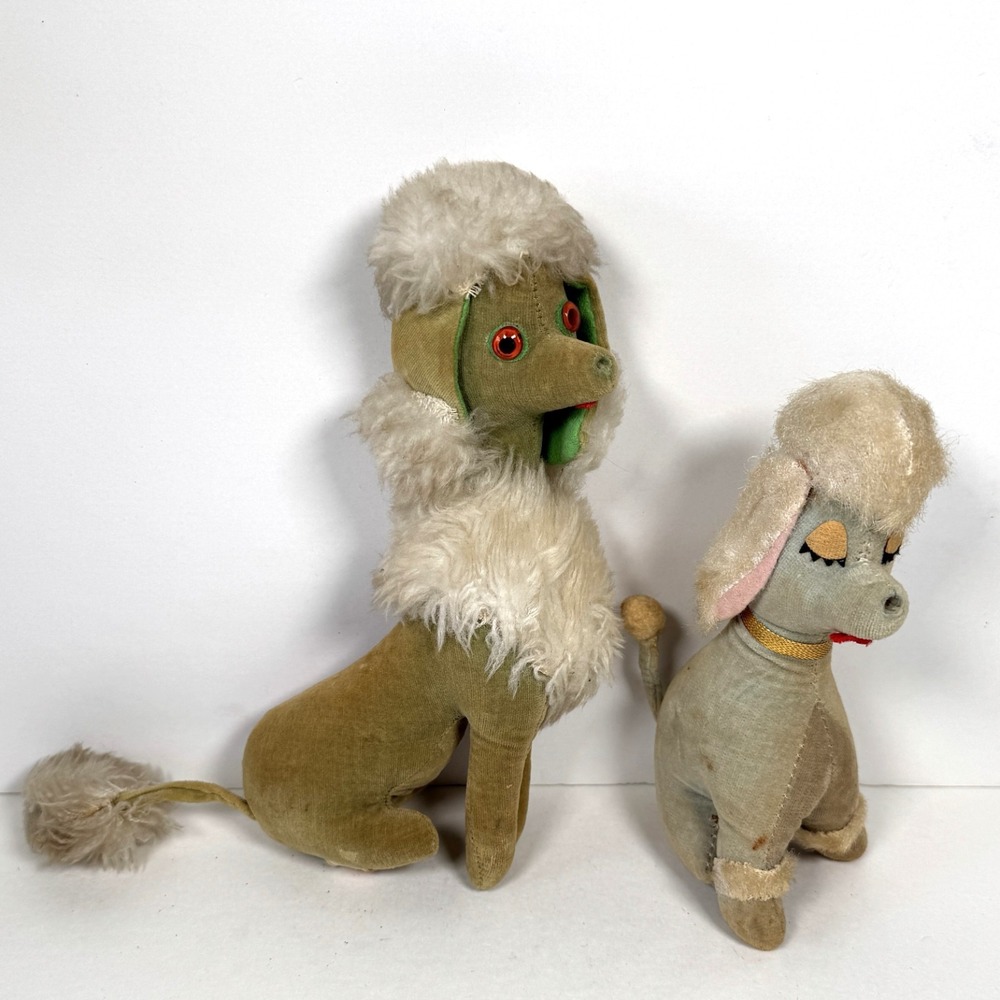 2 Vintage Stuffed Poodle Dogs, one Herman Pecker Tag, Velveteen 50s-60s Kitsch